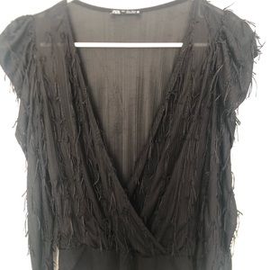 Zara Black Fringed Deep V Neck Puff Shoulder Bodysuit